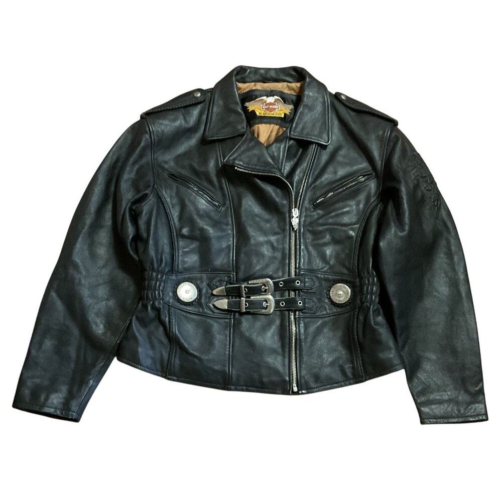 Harley-Davidson Motorcycle Black Leather Jacket Sz L Embossed Logo Buckles Biker